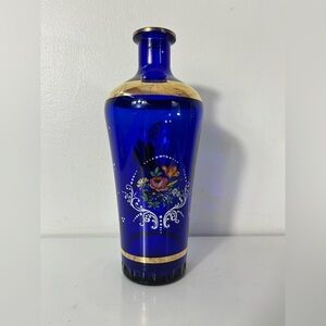 Vintage Cobalt Italian Glass Decanter Hand Painter Flowers Blue White Gold